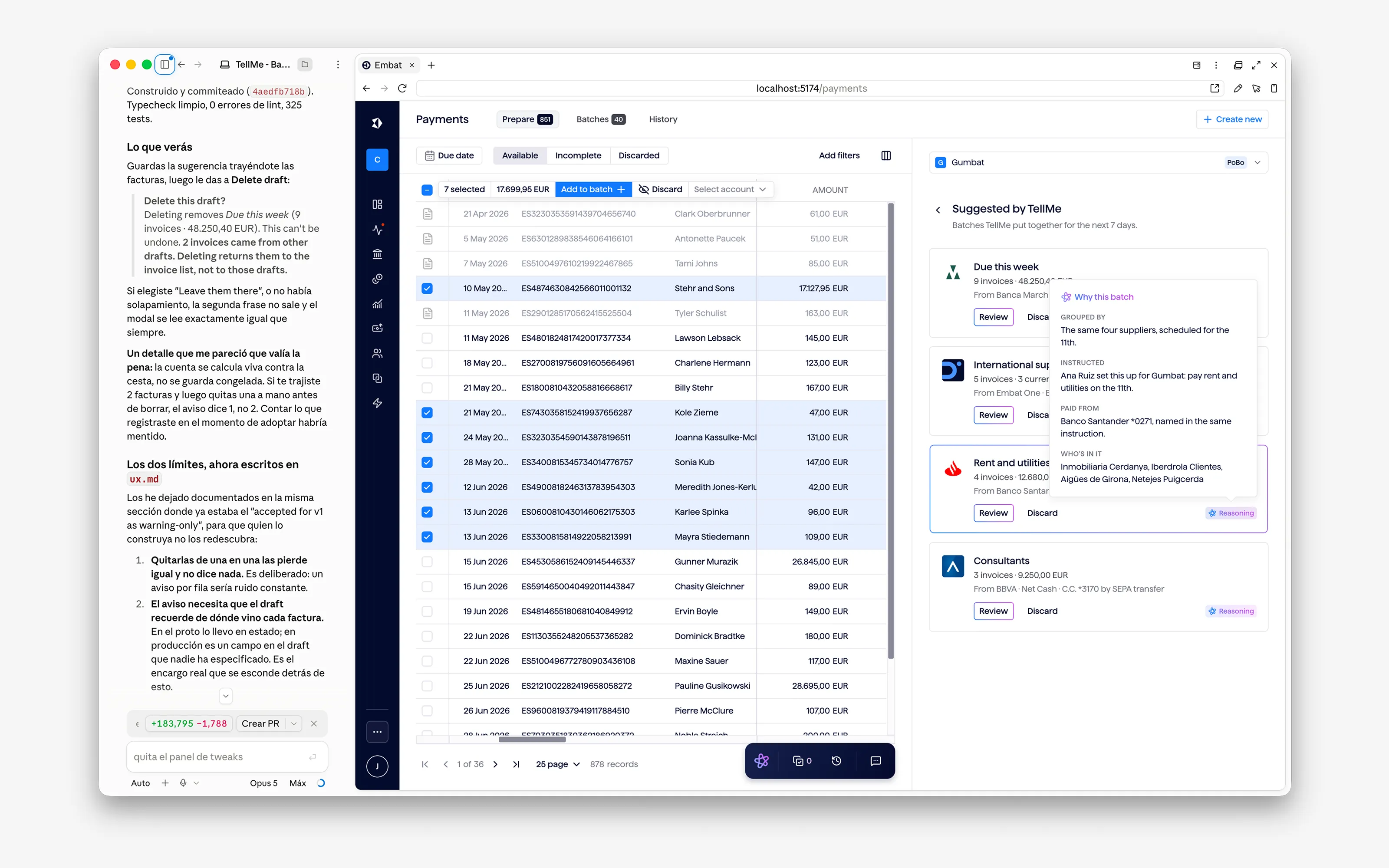 A working Embat payments prototype beside the Claude Code session that built it: TellMe suggests payment batches and explains why each one was grouped.